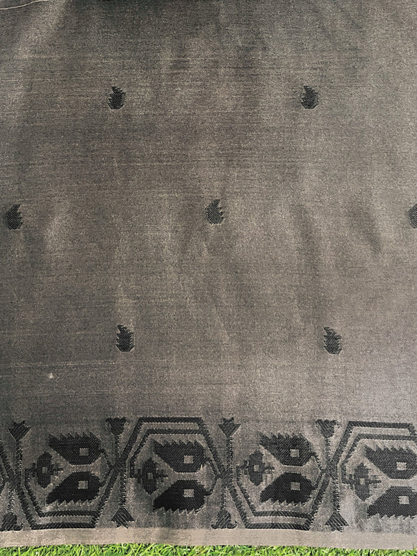 Banarasee Handwoven Semi-Tussar Saree With Embroidered Floral Motifs & Border-Beige & Black