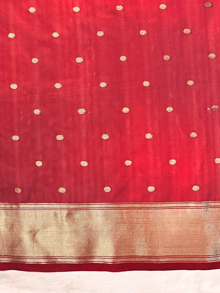 Banarasee Handloom Tissue Saree With Zari Buti Design & Border-Red