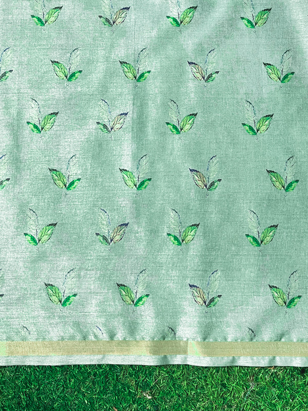 Banarasee Handloom Cotton Silk Saree With Digital Floral Prints & Border-Light Green
