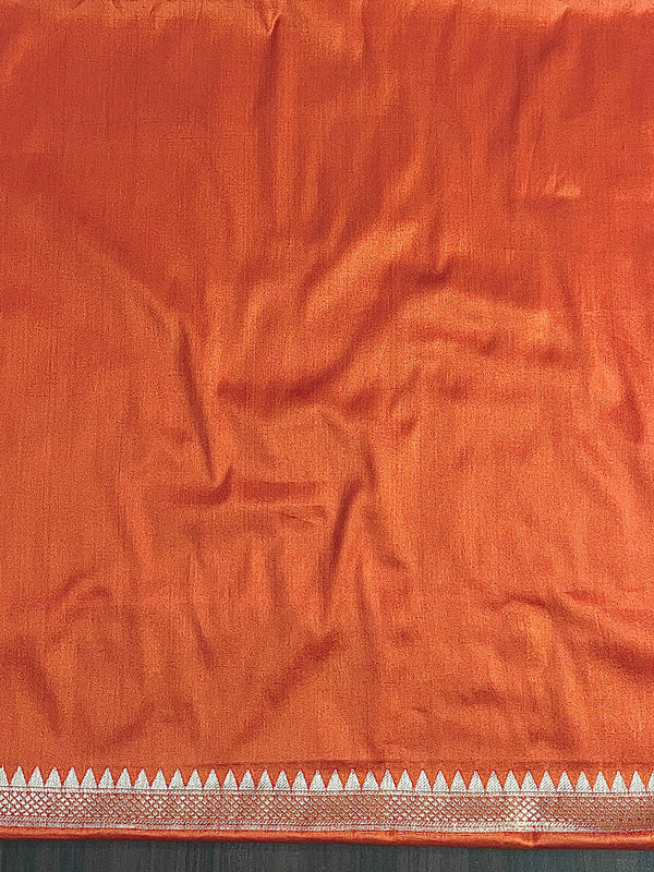 Banarasee Handloom Semi Silk Saree With Buta Design & Contrast Border-Rust & Burgundy