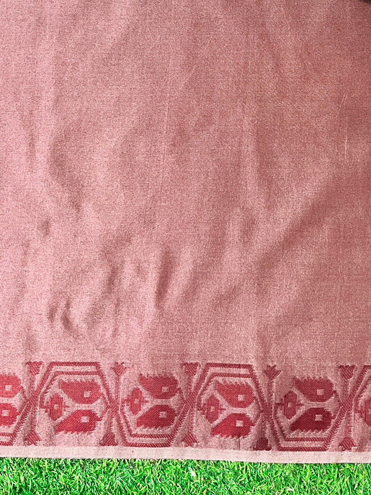 Banarasee Handwoven Semi-Tussar Silk Saree With Contrast Geometric Border-Beige & Burgundy