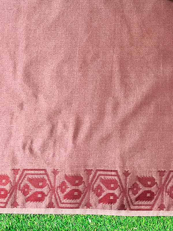 Banarasee Handwoven Semi-Tussar Silk Saree With Contrast Geometric Border-Beige & Burgundy