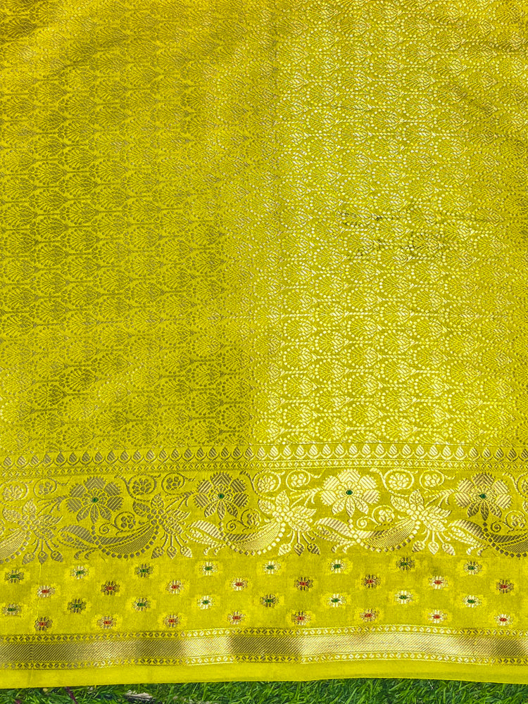 Banarasee Handloom Semi Silk Saree With Sona Rupa Zari Buti Design & Contrast Border-Blue & Yellow