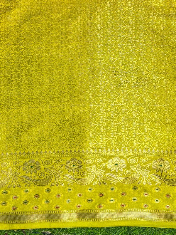 Banarasee Handloom Semi Silk Saree With Sona Rupa Zari Buti Design & Contrast Border-Blue & Yellow