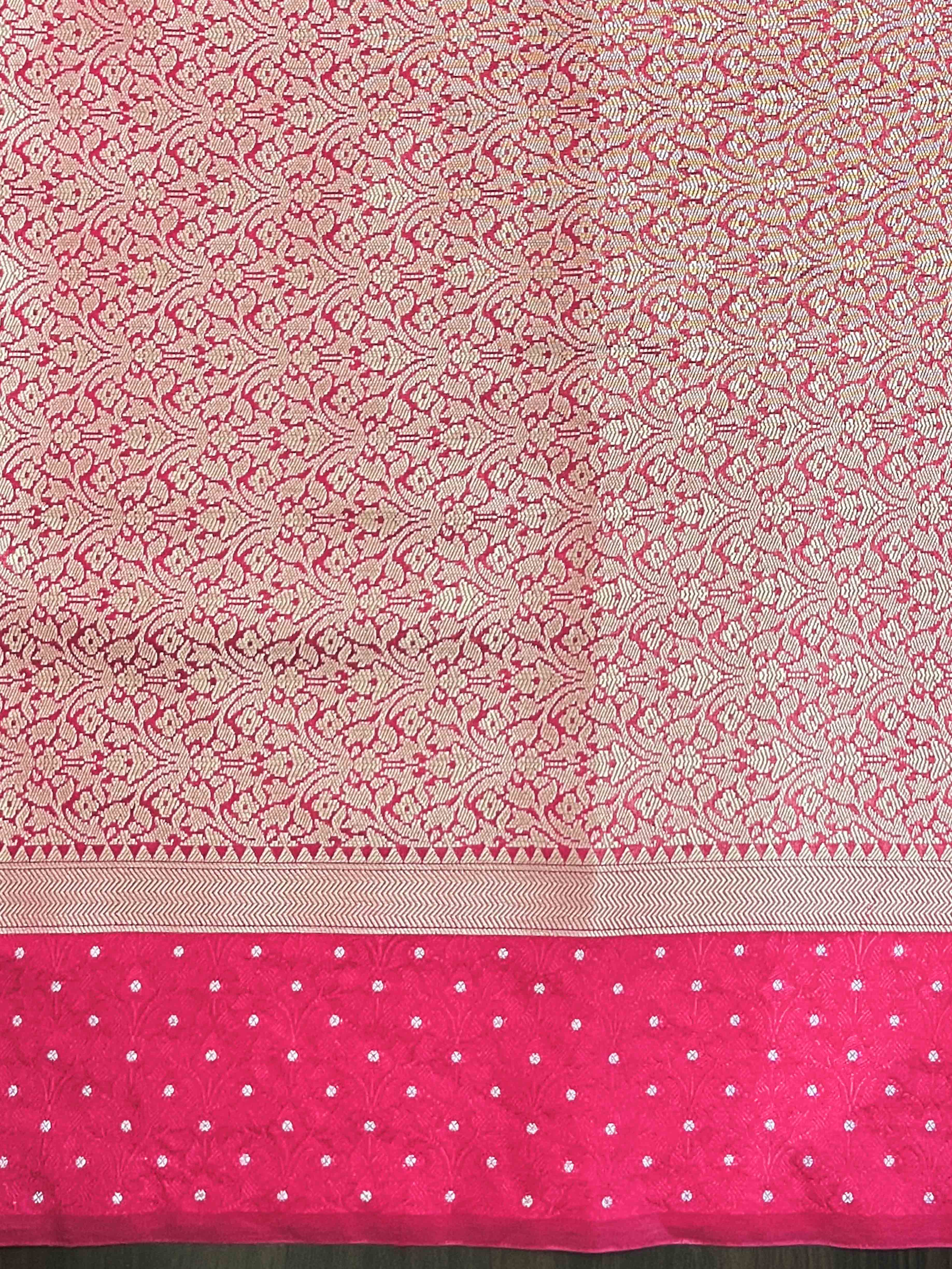 Banarasee Handloom Dupion Silk Saree With Zari Buti Design & Contrast Border-Yellow & Pink