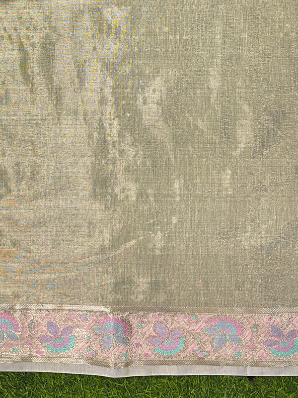Banarasee Handloom Plain Soft Tissue Shine Saree With Resham Zari Border & Lace-Light Yellow
