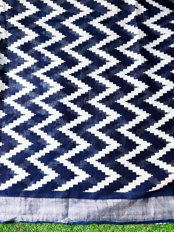 Bhagalpur Handloom Pure Linen Cotton Zig-Zag Pattern Saree-Blue