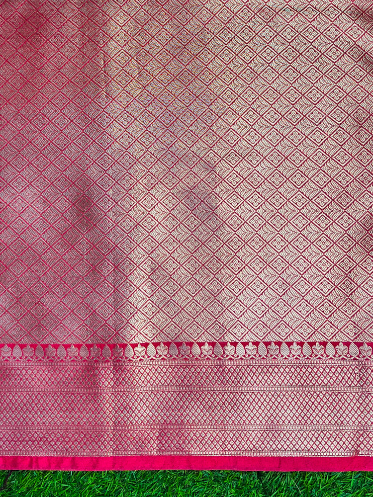 Banarasee Handloom Semi Silk Saree With Zari Design & Contrast Border-Orange & Pink