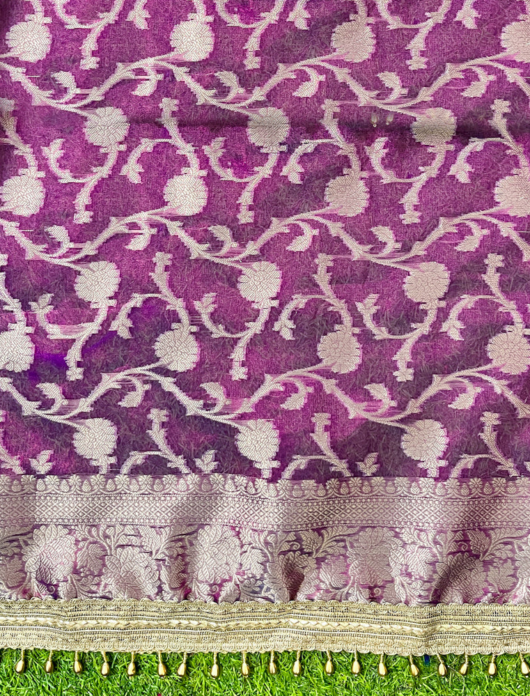 Banarasee Handwoven Tissue Saree With Embroidered Ghungroo Work-Violet