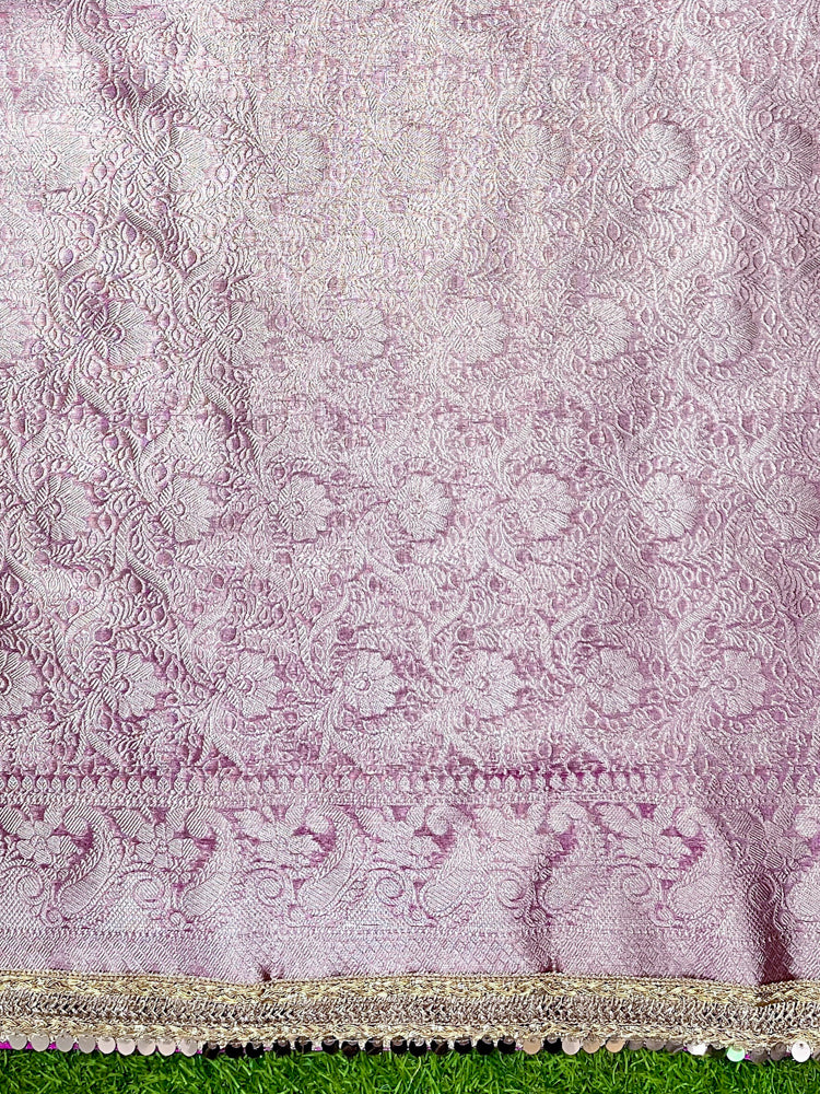 Banarasee Tissue Hand Embroidered Mirror Work Saree-Light Pink