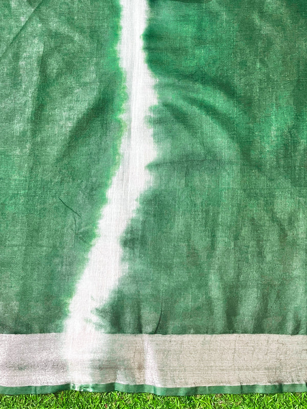 Banarasee Handloom Cotton Silk Hand Dyed Shibori Pattern Saree-Green