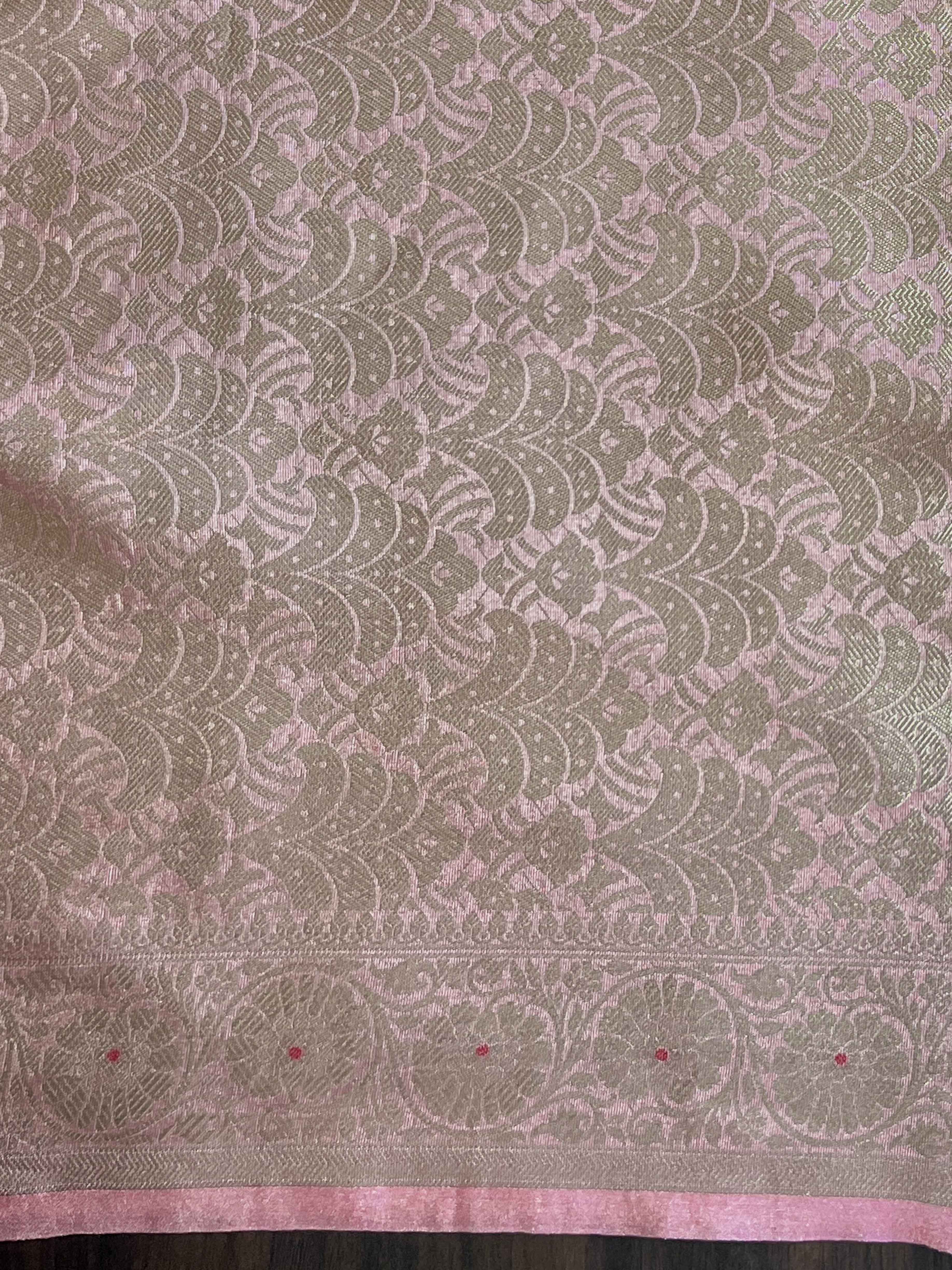 Banarasee Handloom Tissue Saree With Zari Buta Design Border & Lace-Peach
