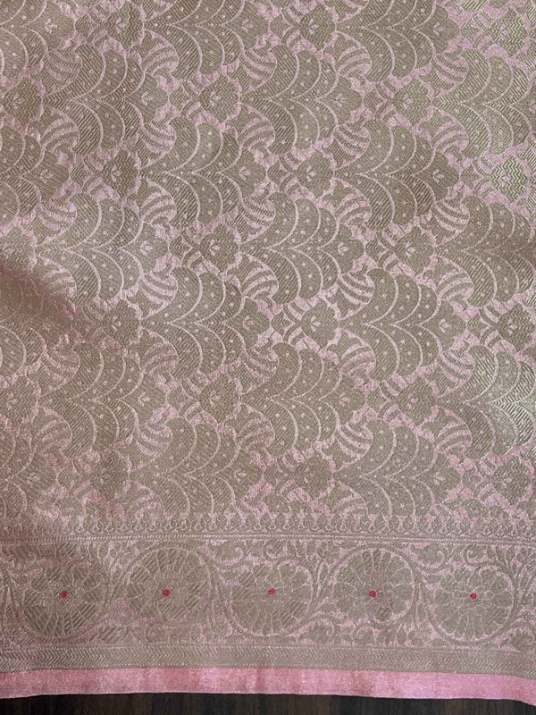 Banarasee Handloom Tissue Saree With Zari Buta Design Border & Lace-Peach