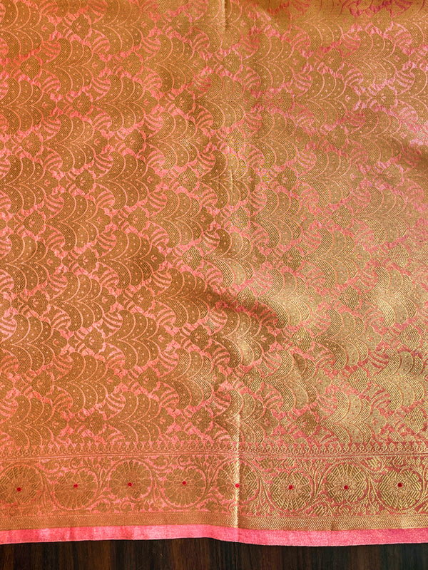 Banarasee Handloom Tissue Saree With Zari Buta Design Border & Lace-Rust