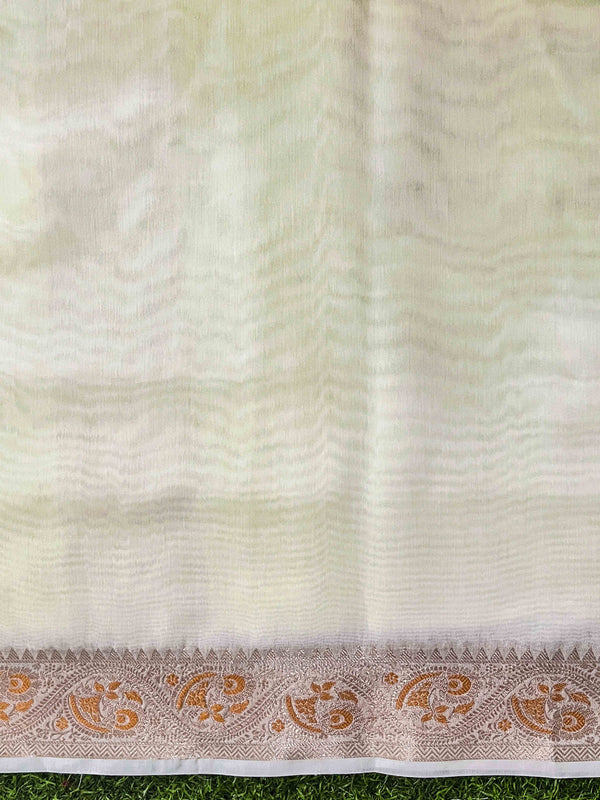 Banarasee Cotton Silk Plain Saree With Floral Zari Border-Cream