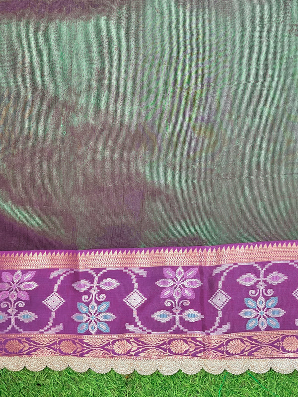 Banarasee Handwoven Tissue Saree With Buti Design Contrast Meena Border & Lace-Green & Violet