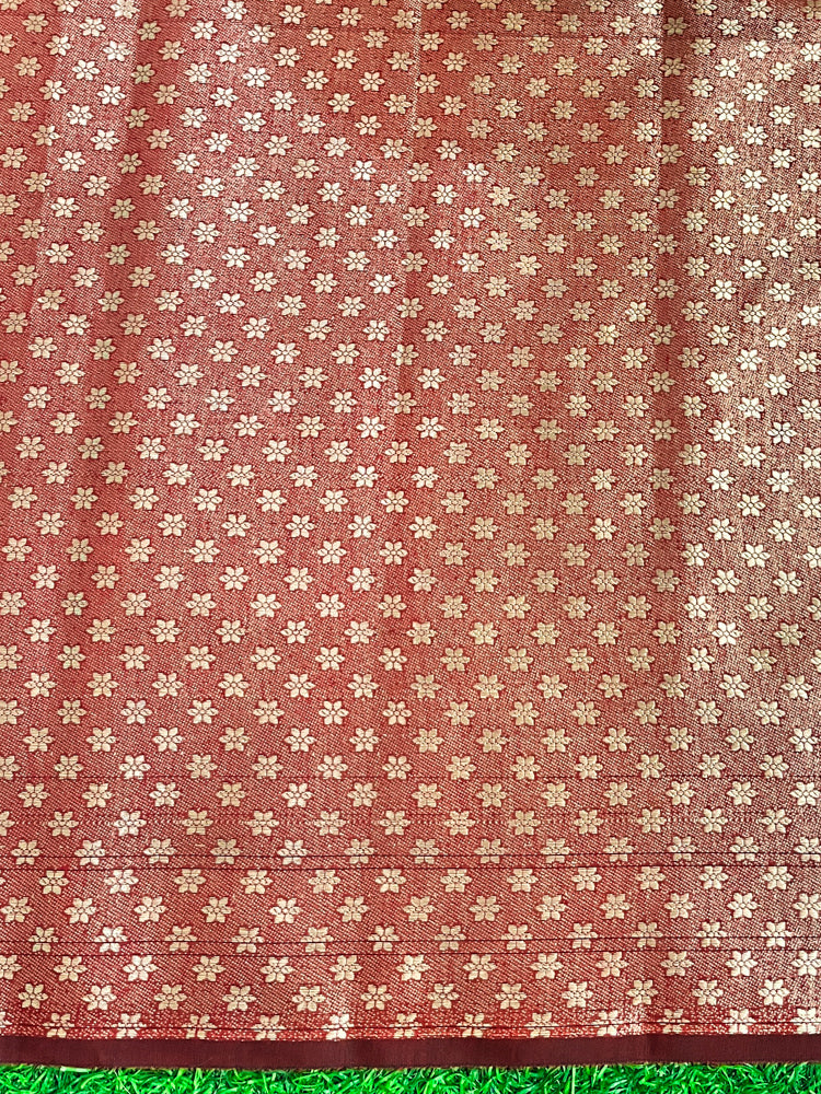 Banarasee Handloom Cotton Silk Saree With Zari Buti Design & Geometric Border-Maroon