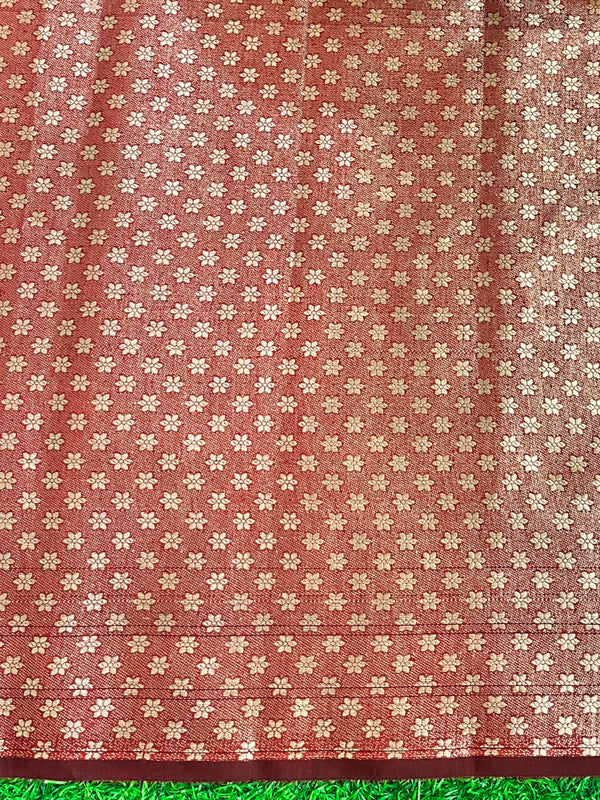 Banarasee Handloom Cotton Silk Saree With Zari Buti Design & Geometric Border-Maroon