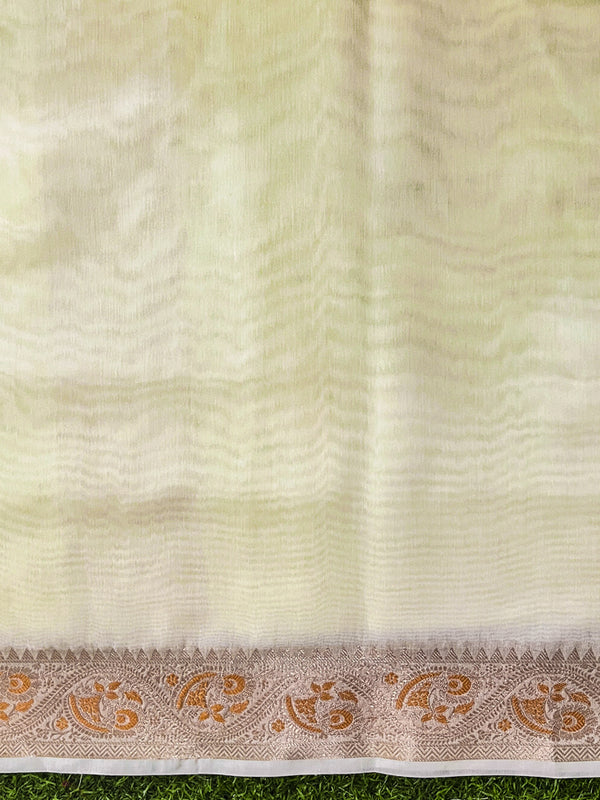 Banarasee Cotton Silk Plain Saree With Floral Zari Border-Light Yellow