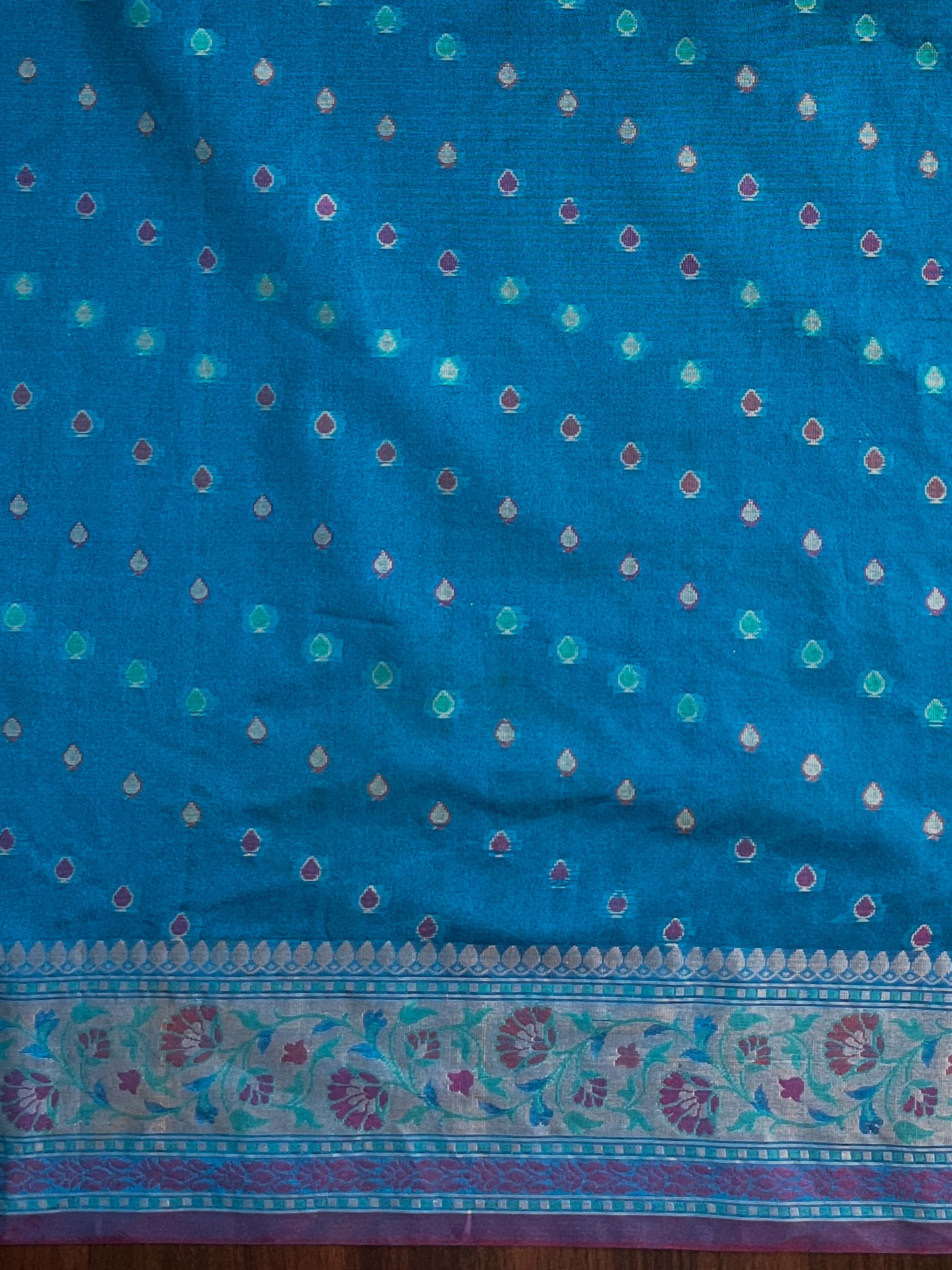 Banarasee Semi Chiffon Saree With Zari Buti Design & Contrast Border-Blue