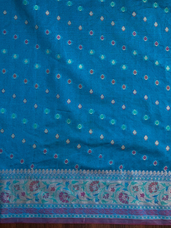 Banarasee Semi Chiffon Saree With Zari Buti Design & Contrast Border-Blue