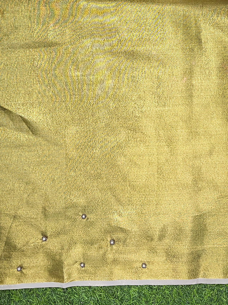 Banarasee Tissue Saree With Hand Embroidered Cutdana Work & Pearl Motifs-Gold & Silver