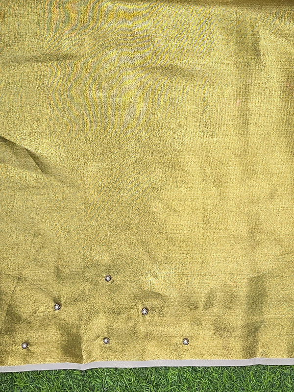 Banarasee Tissue Saree With Hand Embroidered Cutdana Work & Pearl Motifs-Gold & Silver
