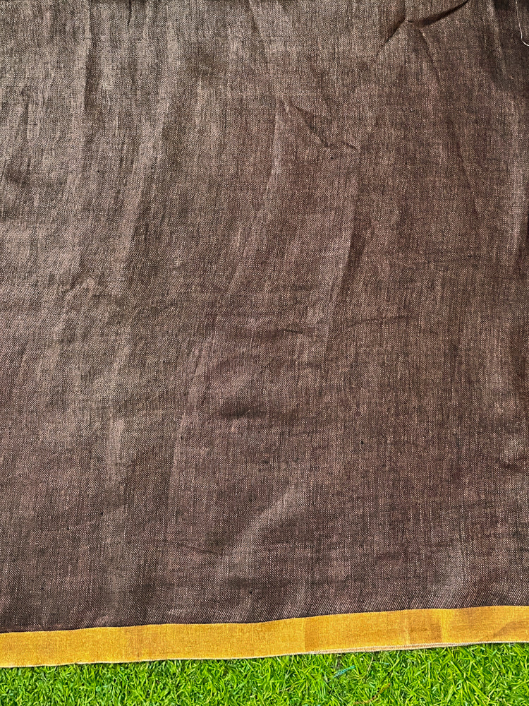 Bhagalpur Handloom Pure Linen Saree With Gold & Silver Stripes-Brown