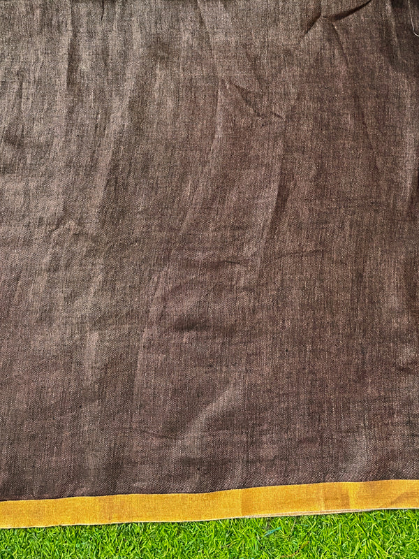 Bhagalpur Handloom Pure Linen Saree With Gold & Silver Stripes-Brown