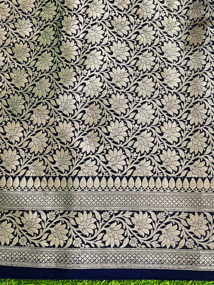 Banarasee Handloom Plain Semi Silk Saree With Zari Woven Border-Navy Blue