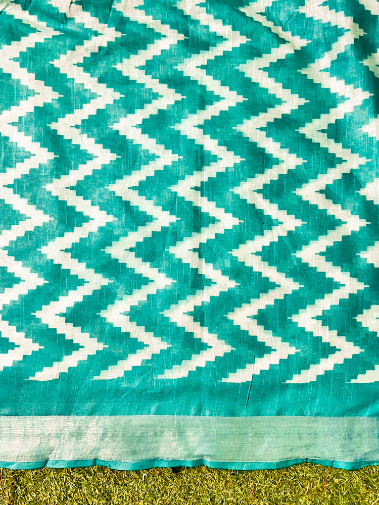 Bhagalpur Handloom Pure Linen Cotton Zig-Zag Pattern Saree-Turquoise Green