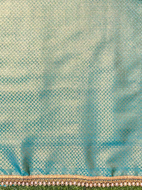 Banarasee Handloom Shimmer Silk Saree With Buti Design Floral Border & Lace-Turquoise Green