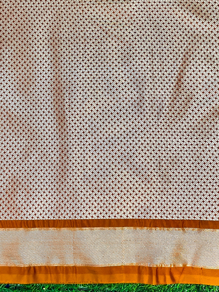 Banarasee Handloom Semi Silk Saree With Sona Rupa Zari Buti Design & Floral Border-Rust