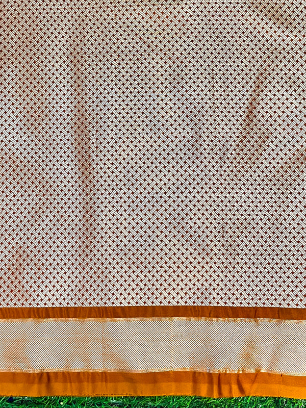 Banarasee Handloom Semi Silk Saree With Sona Rupa Zari Buti Design & Floral Border-Rust