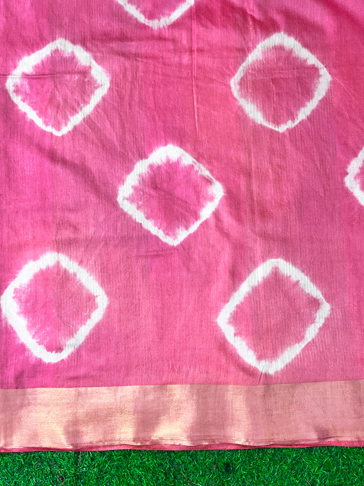 Banarasee Handloom Cotton Silk Hand Dyed Shibori Pattern Saree-Pink