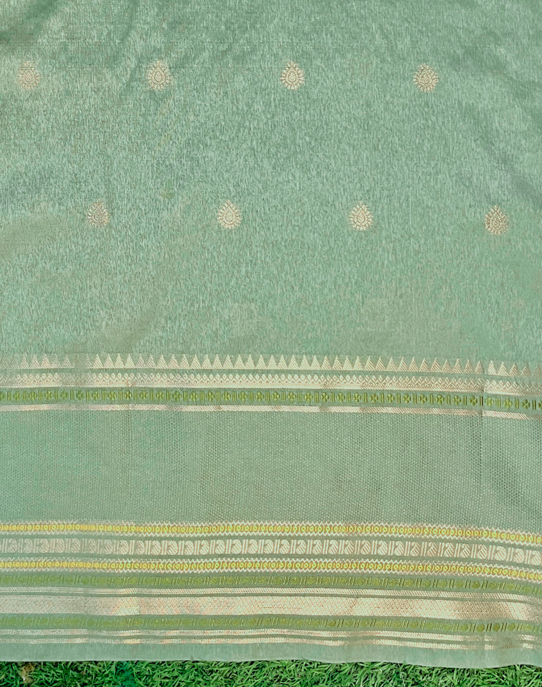 Banarasee Handloom Semi Silk Saree With Buti Design & Striped Zari Border-Pastel Green