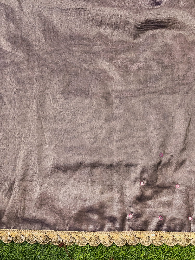 Banarasee Handwoven Tissue Saree With Handwoven Pearl Motifs & Lace-Mauve
