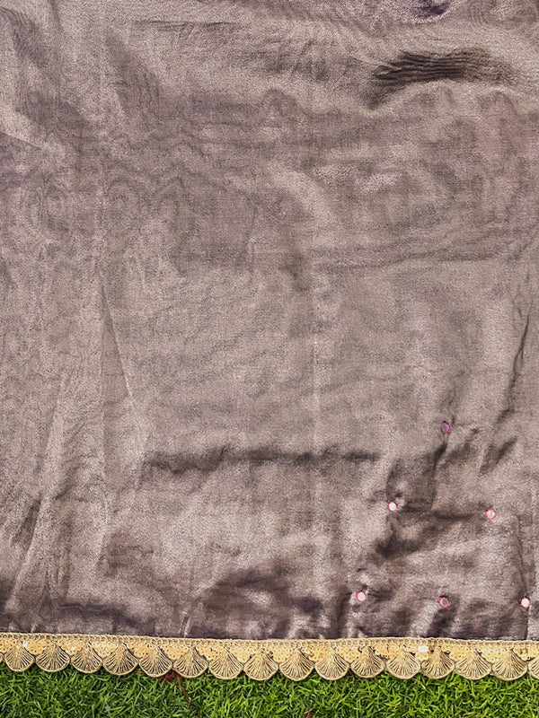 Banarasee Handwoven Tissue Saree With Handwoven Pearl Motifs & Lace-Mauve