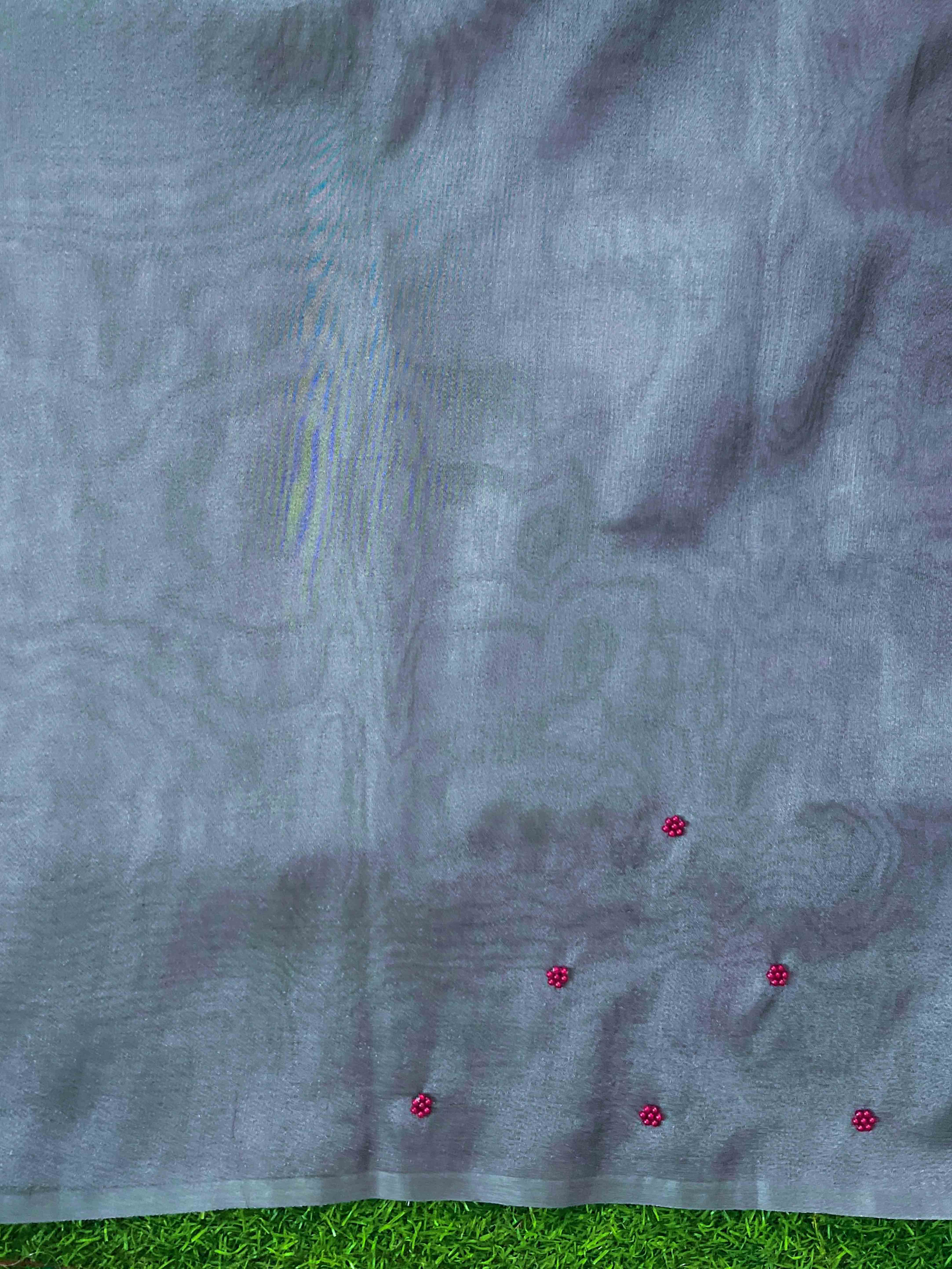 Banarasee Handwoven Tissue Saree With Handwoven Pearl Motifs-Grey