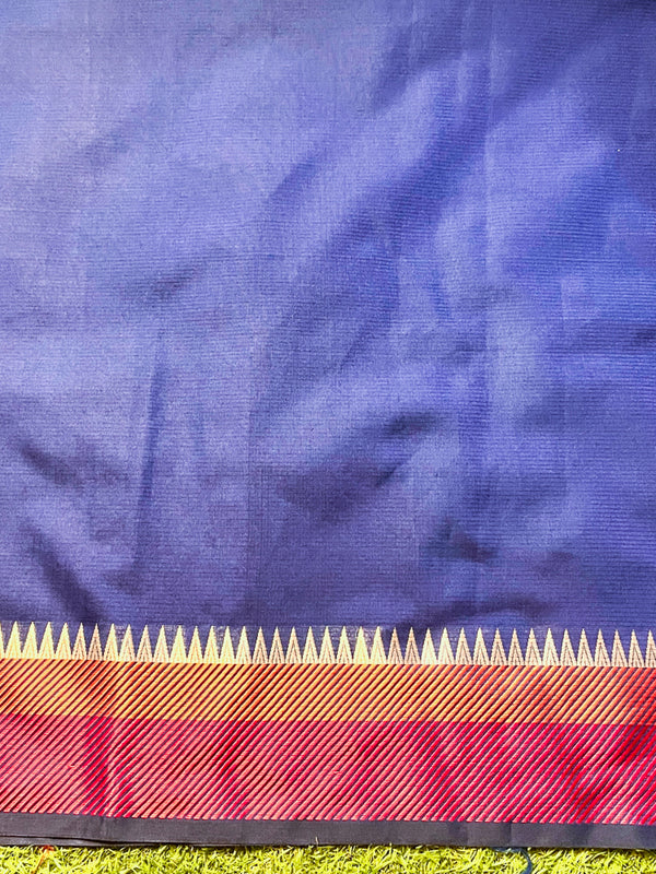 Banarasee Handloom Dual Color Tissue Saree With Stripe Pattern & Contrast Border-Grey & Blue