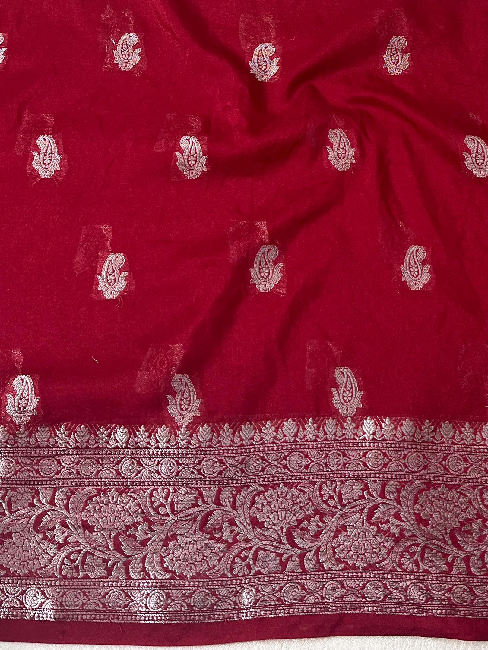 Banarasee Handwoven Semi-Chiffon Saree With Silver Zari Work-Red