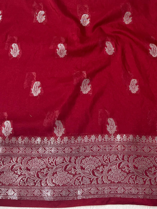 Banarasee Handwoven Semi-Chiffon Saree With Silver Zari Work-Red