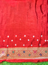 Banarasee Handloom Semi Silk Bandhej Saree With Zari Design Mirror Work & Floral Border-Red