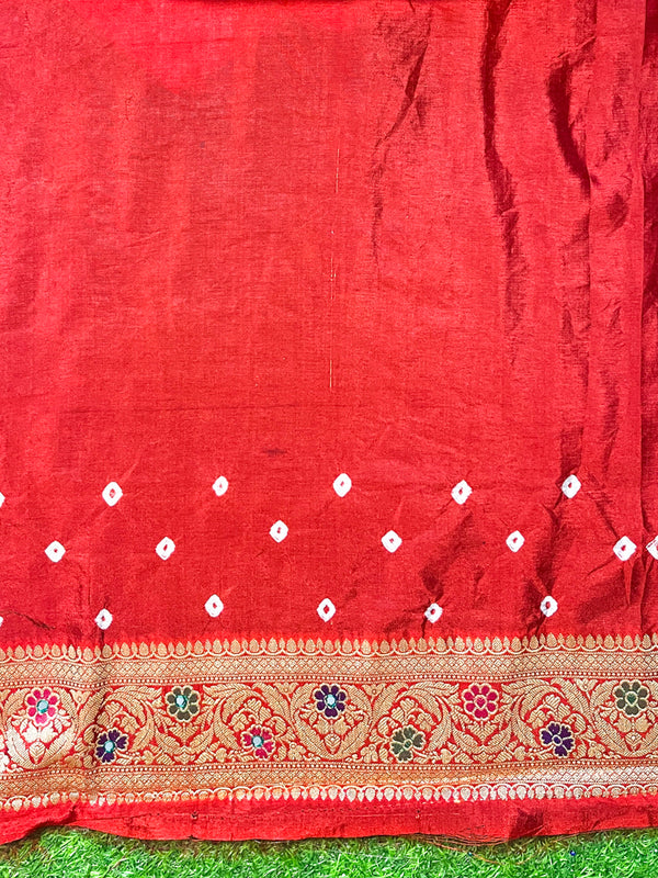 Banarasee Handloom Semi Silk Bandhej Saree With Zari Design Mirror Work & Floral Border-Red