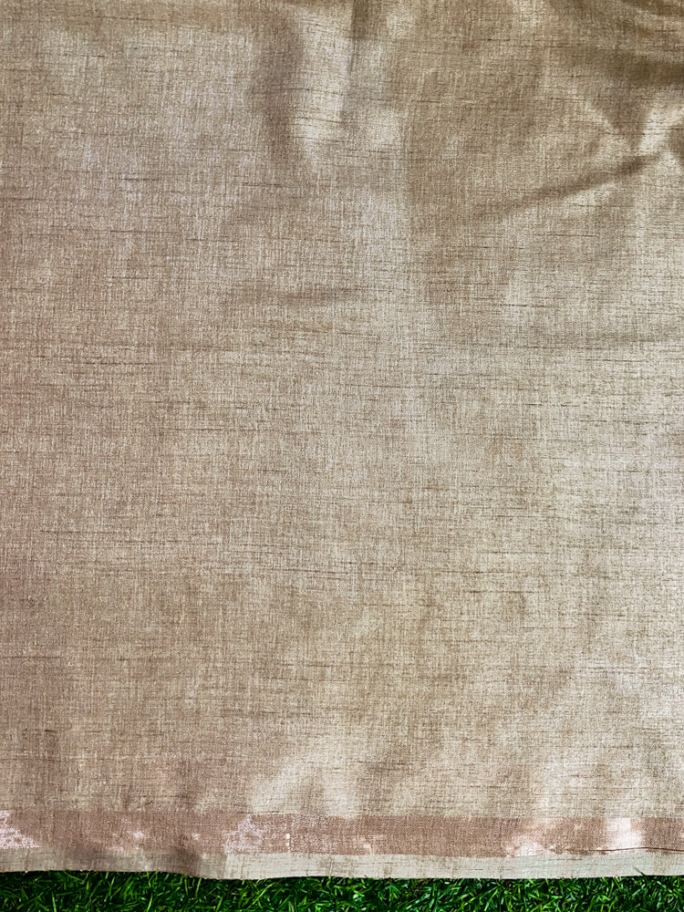 Banarasee Handwoven Semi-Tussar Saree With Embroidered Floral Motifs & Border-Beige