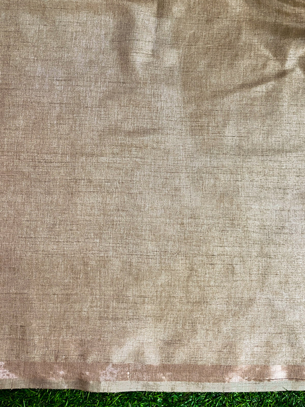 Banarasee Handwoven Semi-Tussar Saree With Embroidered Floral Motifs & Border-Beige