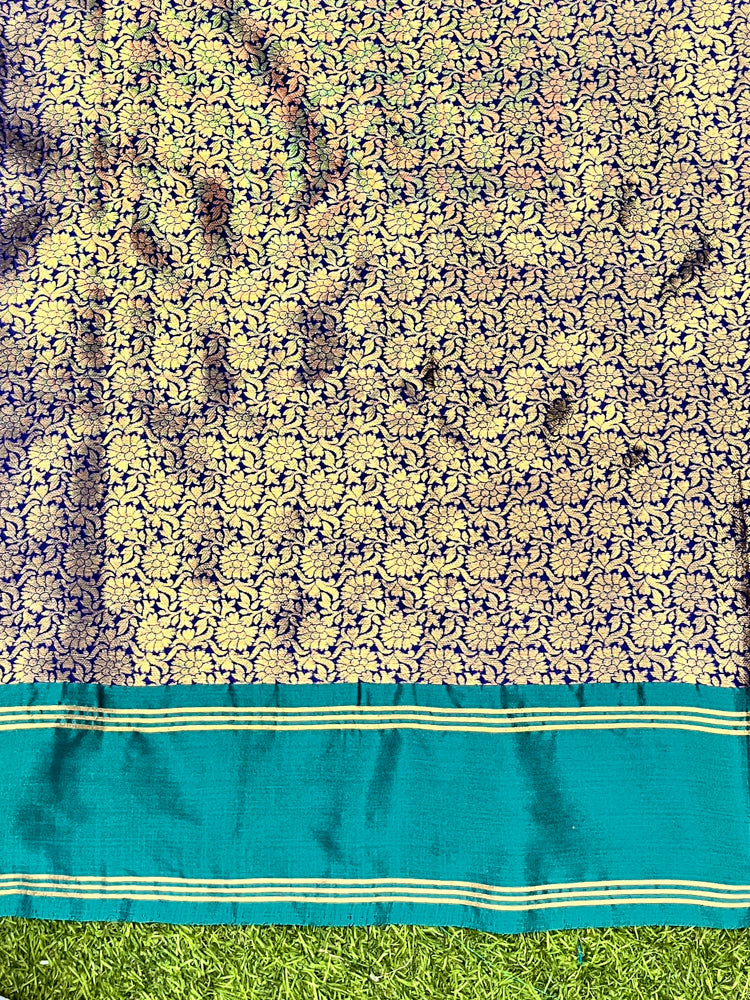 Banarasee Handloom Semi Silk Saree With Buti Design & Contrast Border-Violet & Green