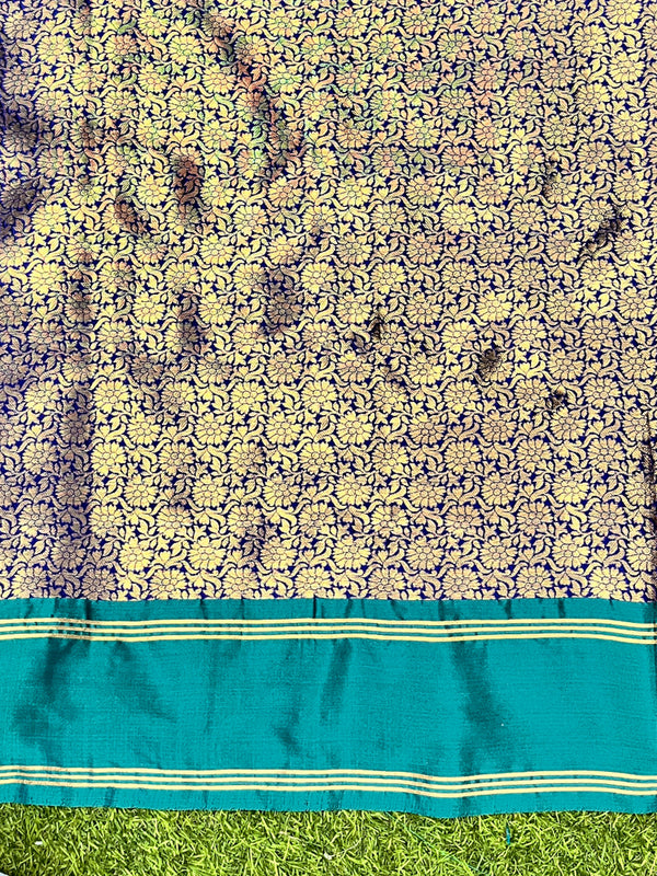 Banarasee Handloom Semi Silk Saree With Buti Design & Contrast Border-Violet & Green
