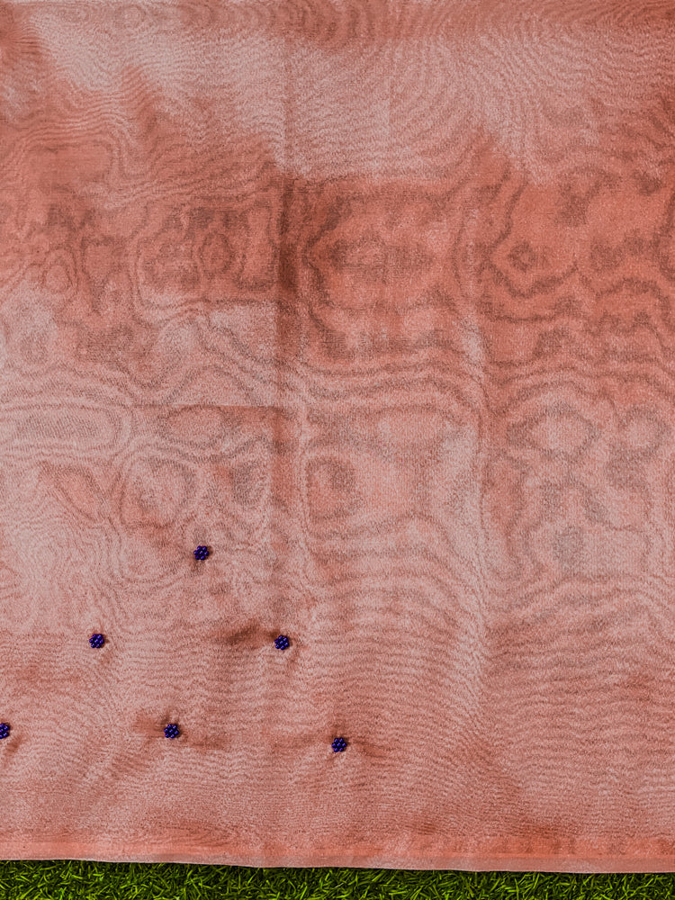 Banarasee Handwoven Tissue Saree With Handwoven Pearl Motifs-Peach