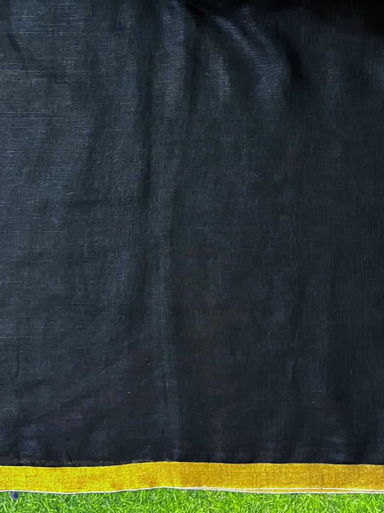Bhagalpur Handloom Pure Linen Saree With Gold & Silver Stripes-Black